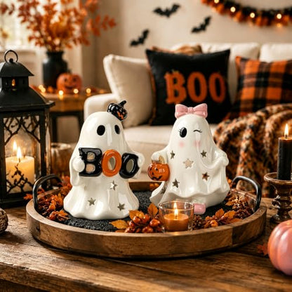 AELS Ceramic Ghost Candle Holder Set of 2, Cute Boo Ghost Tea Light Holders with Pumpkin, Spooky Tabletop Halloween Decorations for Home Party Decor, Figurines, White