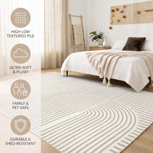 5x7 Area Rugs for Living Room: Boho Washable Soft Nursery Rug Geometric Jacquard Textured Non Slip Baby Girl Rug Carpets for Bedroom Nursery Dining Room Home Office - Beige