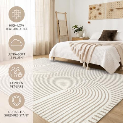 5x7 Area Rugs for Living Room: Boho Washable Soft Nursery Rug Geometric Jacquard Textured Non Slip Baby Girl Rug Carpets for Bedroom Nursery Dining Room Home Office - Beige