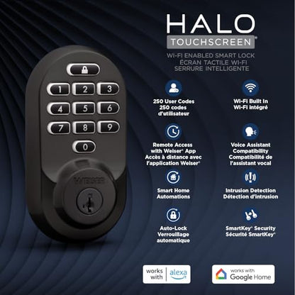 Weiser Halo Matte Black WiFi Smart Lock, Keyless Entry Door Lock, Touchpad Keypad Door Lock, Amazon Alexa & Google Assistant/Google Home Compatible, Deadbolt Lock, Smart Locks for Entry Door