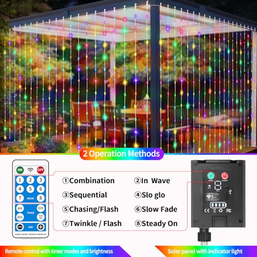 QLIRJAD Solar Curtain Lights Outdoor Waterproof 300LED Waterfall Light with 8 Modes Remote USB Rechargeable Dimmable Timer Twinkle Fairy String Lights for Outdoor Christmas Gazebo Wedding Window