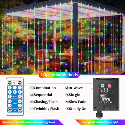 QLIRJAD Solar Curtain Lights Outdoor Waterproof 300LED Waterfall Light with 8 Modes Remote USB Rechargeable Dimmable Timer Twinkle Fairy String Lights for Outdoor Christmas Gazebo Wedding Window