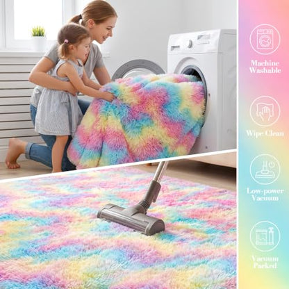 Huiuhjirug Rainbow Fluffy Rug,5x7 Washable Carpet for Living Room Girls Kid