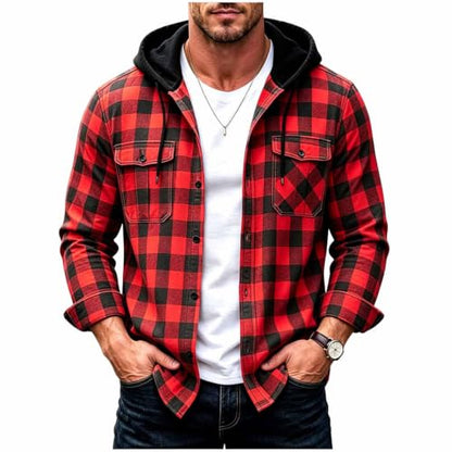 Mens Plaid Button Down Hooded Shirt Jacket Casual Long Sleeve Checkered Top | Lightweight Jackets with Chest Pockets Flannel Hoodie Shirts Loose Fit Preppy School Streetwear Check Buttons Fall Clothes