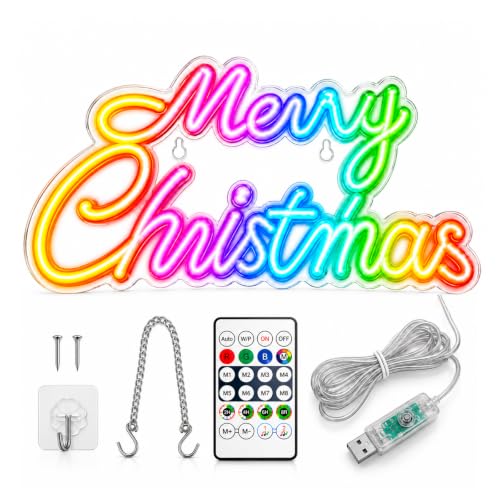HELESIN Christmas Window Lights,Merry Christmas Neon Signs Wall Decor | Remote Control, 12 static colors & 58 dynamic modes,USB-C Powered, Window Lights, for Home Wall Party Decor, 307.5*168*13mm