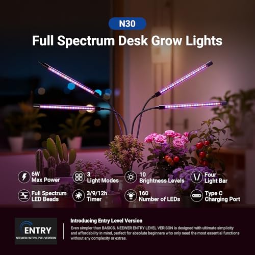 NEEWER ENTRY LEVEL VERSION Four Bar Grow Lights for Indoor Plants, Full Spectrum Clip Plant Growing Lamp with 160 Blue, Red, White LEDs, 3/9/12H Timer, Dimmable for Gardening Seed Starting Bonsai, N30