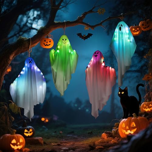 4 Pcs Halloween Hanging Ghost Decorations,Color-Changing Light Up Ghost with Auto-Timer,Spooky Halloween Decor for Home,Party,Yard