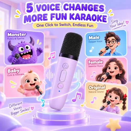 Mini Karaoke Machine for Kids with 2 Wireless Microphones (Purple) | Bluetooth Connectivity, Voice Change, LED Lights, Wireless Microphone