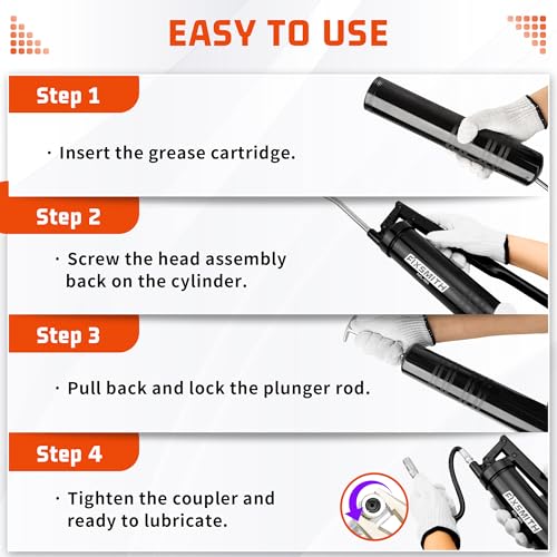 FIXSMITH Professional Lever Action Grease Gun- Heavy Duty Construction-10,000 PSI Max Pressure,Includes 12" Reinforced Flex Hose & 7" Rigid Extension,2-Way Loading-14 oz.Cartridge & Bulk Fill.