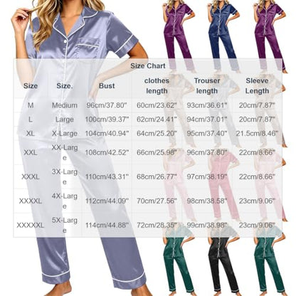 Womens Satin Pajamas Silk Pjs for Women Satin Pajama Sets for Women Short Sleeve Button Down Silk Pjs Sets with Trousers Classic 2 Piece Lounge Sleepwear Black,XXL
