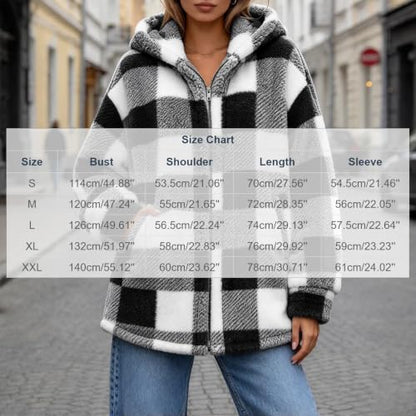Women's Flannel Plaid Shacket Plus Size Full Zip Up Hooded Sherpa Jacket | Comfy Cozy Long Sleeve Coat, Fall Winter Warm Coats, Oversized Soft Fuzzy Hoodie, Cold Weather Outerwear with Pockets, Trendy