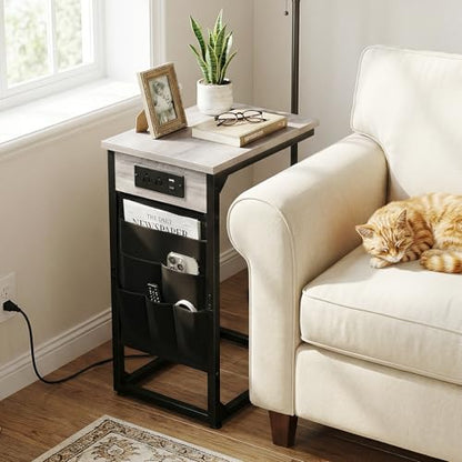AMHANCIBLE C Shaped Side Table, with Charging Station, TV Tray Set of 2