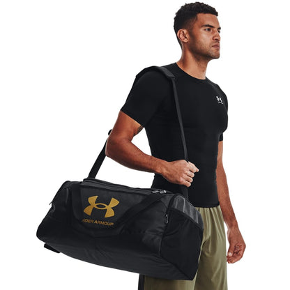 Under Armour Unisex-Adult Undeniable 5.0 Duffle, Black Medium Heather (002)/Metallic Gold, Medium (58L), Undeniable 5.0 Duffle