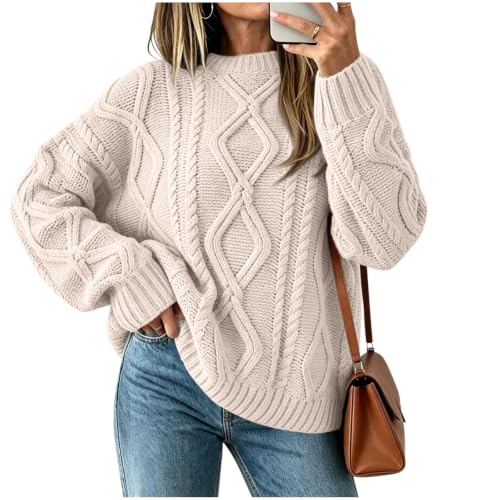 Sueter Tejidos para Mujer, Long Sleeve Cable Knit Pullover Sweaters Beige