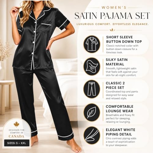 Womens Satin Pajamas Silk Pjs for Women Satin Pajama Sets for Women Short Sleeve Button Down Silk Pjs Sets with Trousers Classic 2 Piece Lounge Sleepwear Black,XXL