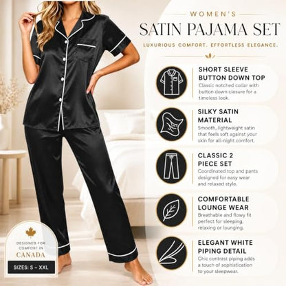 Womens Satin Pajamas Silk Pjs for Women Satin Pajama Sets for Women Short Sleeve Button Down Silk Pjs Sets with Trousers Classic 2 Piece Lounge Sleepwear Black,XXL