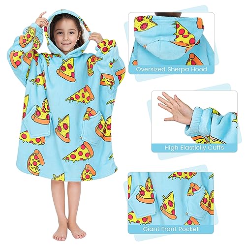 Oversized Hoodie Blanket, Printed Wearable Blanket Sweatshirt Sherpa TV Blanket (Blue Pizza-Child)