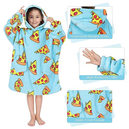 Oversized Hoodie Blanket, Printed Wearable Blanket Sweatshirt Sherpa TV Blanket (Blue Pizza-Child)