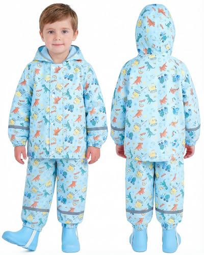 DivingBirds Kids Toddler Rain Suit,Muddy Buddy Waterproof Coverall,2-Piece Raincoat with Portable Storage Bag and Reflective Strip Light Blue for 1-2 Years