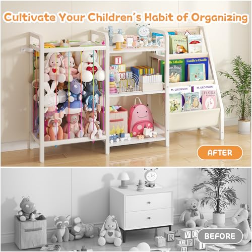 CYXPHION B1 Kids Bookshelf and Toy Storage, 3-Tier Book Shelf for Kids Rooms, Sling Baby Bookcase with Animal Storage, Montessori Toddler Bookshelf for Nursery, Bedroom, Playroom, White