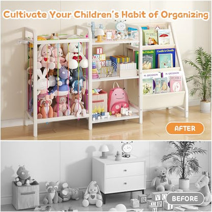 CYXPHION B1 Kids Bookshelf and Toy Storage, 3-Tier Book Shelf for Kids Rooms, Sling Baby Bookcase with Animal Storage, Montessori Toddler Bookshelf for Nursery, Bedroom, Playroom, White