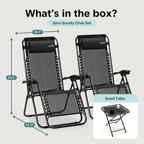SereneLife 3 PCS Lounge Chair Set, Zero Gravity Reclining Outdoor Lounge Chairs with Side Table, Adjustable Patio Beach Chairs with Removable Headrest, Black