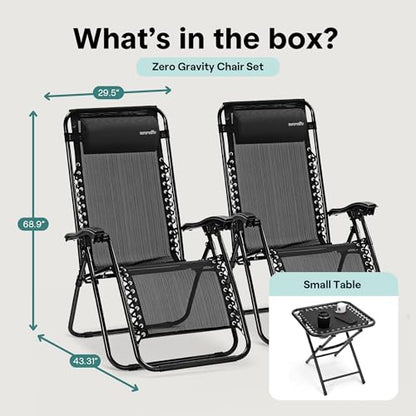 SereneLife 3 PCS Lounge Chair Set, Zero Gravity Reclining Outdoor Lounge Chairs with Side Table, Adjustable Patio Beach Chairs with Removable Headrest, Black