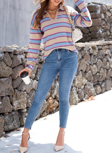 EVALESS Women's Striped Pullover Sweaters Polo V Neck Henley Shirt Cute Daily Winter Chunky Colorblock Sweater Autumn Top Thanksgiving Fashion Outfits L Apricot