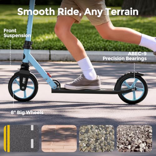 WAYPLUS Kick Scooter for Ages 6+,Kid, Teens & Adults. Max Load 240 LBS. Foldable, Lightweight, 8IN Big Wheels for Kids, Teen and Adults, 4 Adjustable Levels. Bearing ABEC11
