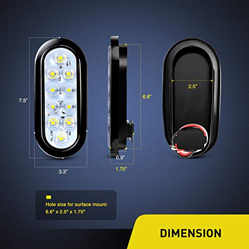 Nilight 6 Inch Oval White Trailer Tail Lights 2PCS 10 LED w/Flush Mount Grommets Plugs IP67 Waterproof Reverse/Back Up Lamp for Truck RV Camper Boat Jeep, White