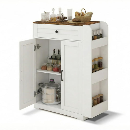 SOLIDEE Modern Buffet Cabinet with Storage, 23.6" Narrow Sideboard with 3-Tier Side Racks, Kitchen Storage Cabinet with Drawer, 2 Shaker Doors and Adjustable Shelf, White