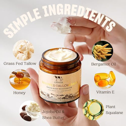 CADDISE Beef Tallow Face Cream, Tallow and Honey Balm, Bergamot, 4 Oz