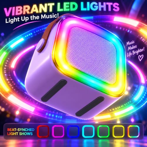 Mini Karaoke Machine for Kids with 2 Wireless Microphones (Purple) | Bluetooth Connectivity, Voice Change, LED Lights, Wireless Microphone