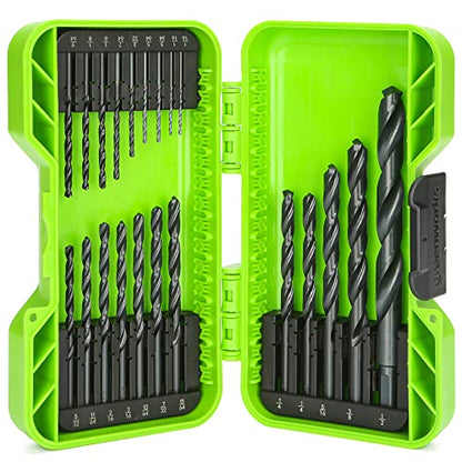 Greenworks 21 Pcs Black Oxide Drilling Bit Set,135 Degree Split Point, Black Oxide Coated, for Plastic, Wood and Metal