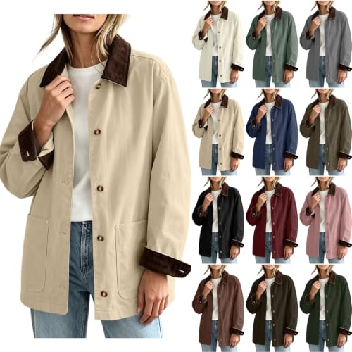 Womens Jackets Trendy 2026 Fall Jackets for Women Corduroy Collar Rollable Contrast Cuffs Travel Coat Button Front Winter Workwear With Pocket Khaki Large