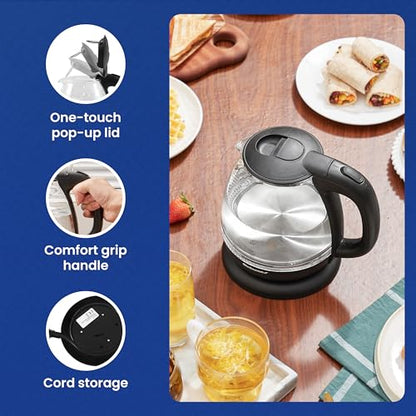 Elite Gourmet EKT1001 Electric BPA-Free Glass Kettle, Cordless 360° Base, Stylish Blue LED Interior, Handy Auto Shut-Off Function – Quickly Boil Water For Tea & More, Black, 1L