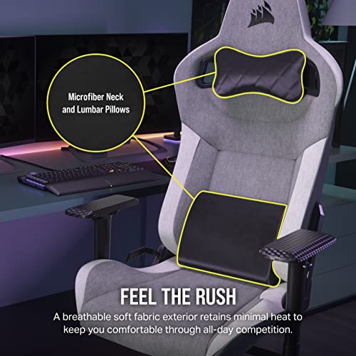 Corsair T3 Rush Fabric Gaming Chair (2023) – Racing-Inspired Design – Soft Fabric Exterior – Padded Neck Cushion – Memory Foam Lumbar Support – Adjustable Seat Height – Gray & White