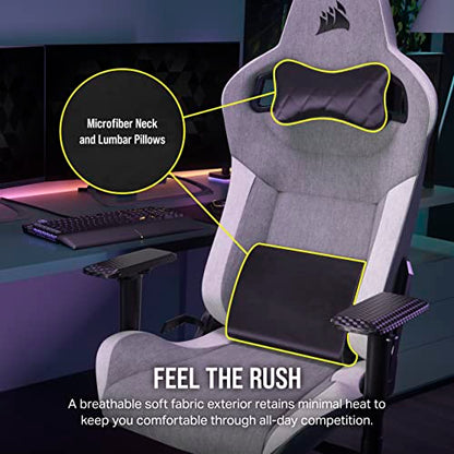 Corsair T3 Rush Fabric Gaming Chair (2023) – Racing-Inspired Design – Soft Fabric Exterior – Padded Neck Cushion – Memory Foam Lumbar Support – Adjustable Seat Height – Gray & White