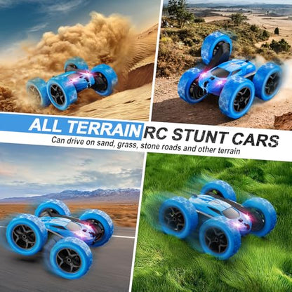 QUNREDA Remote Control Car for Kids Ages 6+, RC Cars Stunt Car Toy 4WD Double Sided 360° Rotating Remote Control with Headlights, Birthday Xmas Gifts for Boys 6 7 8 9 10 11 12 1-Blue
