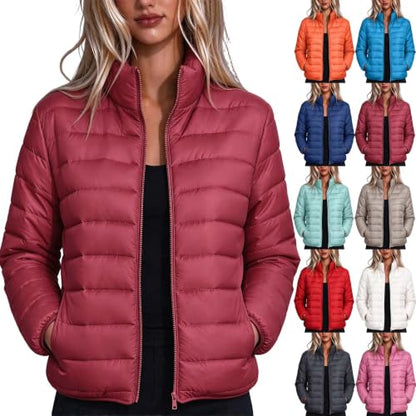 Womens Winter Jackets Women Lightweight Quilted Puffer Jacket Stand Collar Zip Up Short Padded Coat Winter Fashion Outerwear with Pockets Wine Small