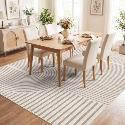 5x7 Area Rugs for Living Room: Boho Washable Soft Nursery Rug Geometric Jacquard Textured Non Slip Baby Girl Rug Carpets for Bedroom Nursery Dining Room Home Office - Beige