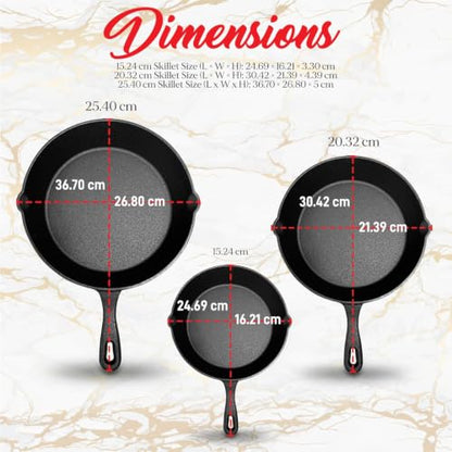 NutriChef Pre-Seasoned Cast Iron Skillet Pans - 3 Pieces Kitchen Frying Pan Nonstick Cookware Set w/Drip Spout - Includes Scraper - Electric Stovetop, Induction, Gas Range, Ceramic