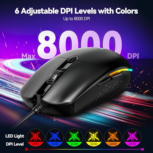 TECKNET Wired Gaming Mouse - Ergonomic Wired Mouse with 8000 DPI, 6 Programmable Buttons, RGB Backlighting, 1000Hz Polling Rate, Gaming Mice for Laptop/PC
