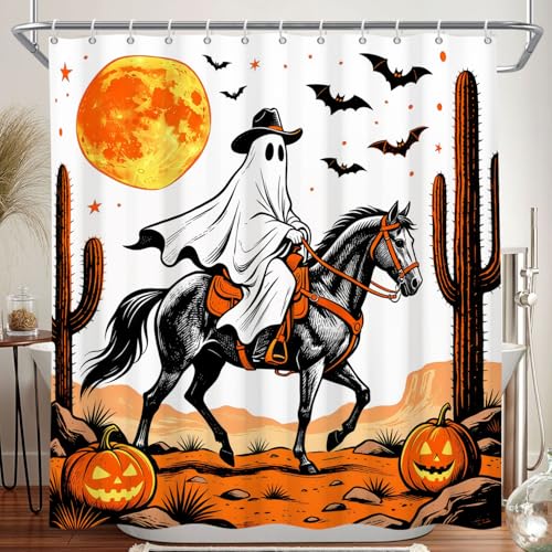 Leowefowa Halloween Western Cowboy Ghost Shower Curtain, Cute Spooky Ghost on Horse Desert Shower Curtain with Pumpkin Moon & Cactus, Funny Halloween Bathroom Curtains for Kids, 72''Wx72''L
