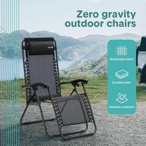 SereneLife 3 PCS Lounge Chair Set, Zero Gravity Reclining Outdoor Lounge Chairs with Side Table, Adjustable Patio Beach Chairs with Removable Headrest, Black