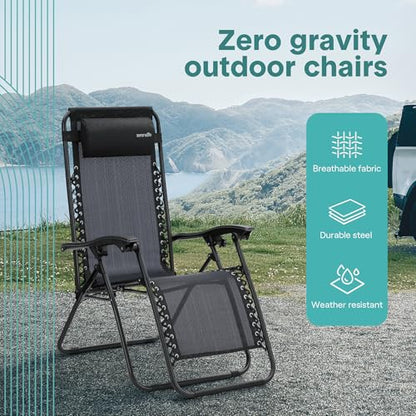 SereneLife 3 PCS Lounge Chair Set, Zero Gravity Reclining Outdoor Lounge Chairs with Side Table, Adjustable Patio Beach Chairs with Removable Headrest, Black