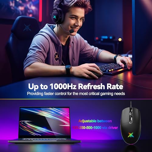 TECKNET Wired Gaming Mouse - Ergonomic Wired Mouse with 8000 DPI, 6 Programmable Buttons, RGB Backlighting, 1000Hz Polling Rate, Gaming Mice for Laptop/PC