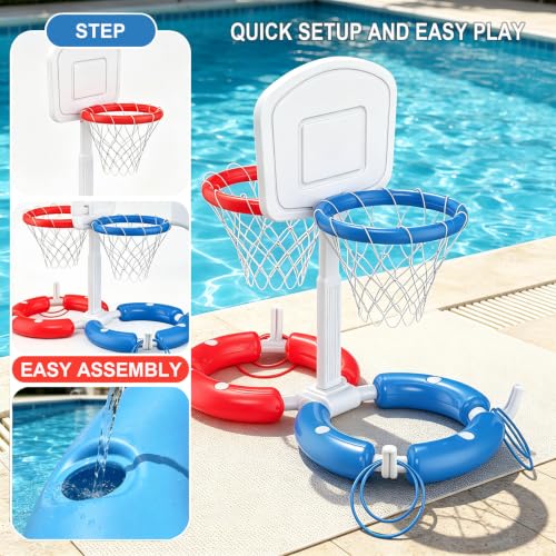 Dual Pool Basketball Hoop with Backboard for Boys Girls 2-in-1 Floating Pool Toys Ring Game 4 Balls 8 Rings & Pump Outdoor Swimming Pool Basketball Games Water Play Summer Toy for Adults and Family