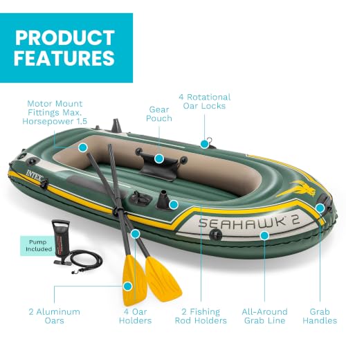 INTEX 68347EP Seahawk 2 Inflatable Boat Set: Includes Deluxe 48in Aluminum Oars and High-Output Pump – SuperStrong PVC – Fishing Rod Holders – 2-Person – 520lb Weight Capacity