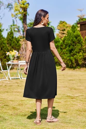 Zeagoo Dresses for Women 2026 Summer Short Sleeve Aline Dress Loose Flowy Tshirt Dress Beach Sundresses with Pockets Flare Midi Long Dresses Black Shirt Dress